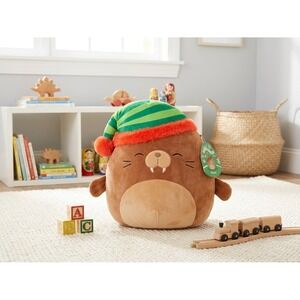 Squishmallows Bruce the Walrus Holiday Christmas Plush 14 Inch Brown Green Hat